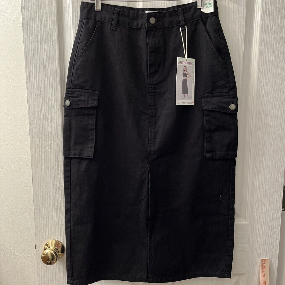 Simple Society Skirt Cargo Women Large Black‎ Wash Front Slit Denim Midi Pockets